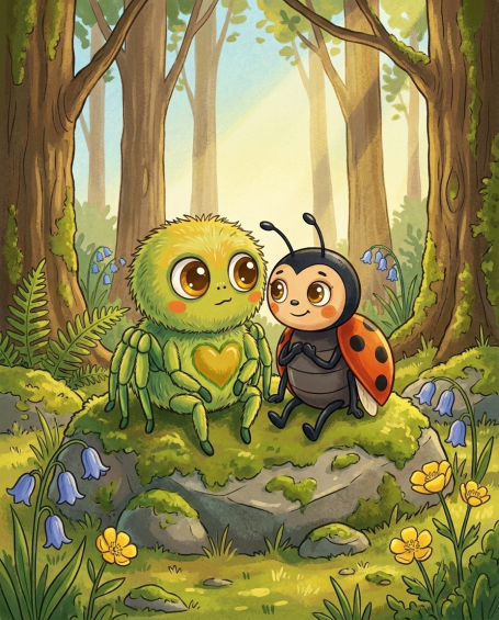 Benni und Mila sitzen gemeinsam am Bach – Illustration aus 'Benni Bahama und Milas goldene Punkte'