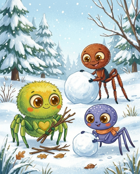Benni, Randy und Kathi bauen einen Schneekäfer im ersten Schnee – Illustration aus 'Benni Bahama
und Friedas Glockenblume