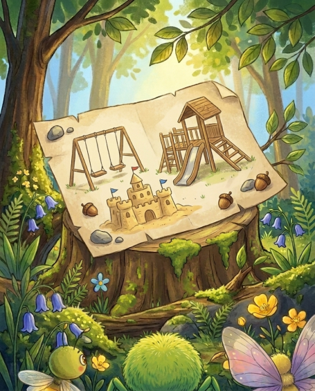 Randy Rad zeigt seinen Bauplan für den neuen Spielplatz – Illustration aus 'Benni
Bahama und Randys größte Idee'