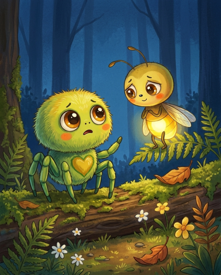 Lumi Leuchtkäfers
Licht erlischt im dunklen Wald – Illustration aus 'Benni Bahama und Lumi ohne
Leuchten'