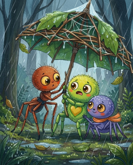 Benni, Randy und Kathi tragen einen selbstgebauten Regenschirm durch den Sturm – Illustration aus 'Benni Bahama und der Regentag'