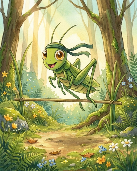 Günther Grashüpfer springt entspannt und gelassen – Illustration aus 'Benni Bahama und der höchste Sprung'