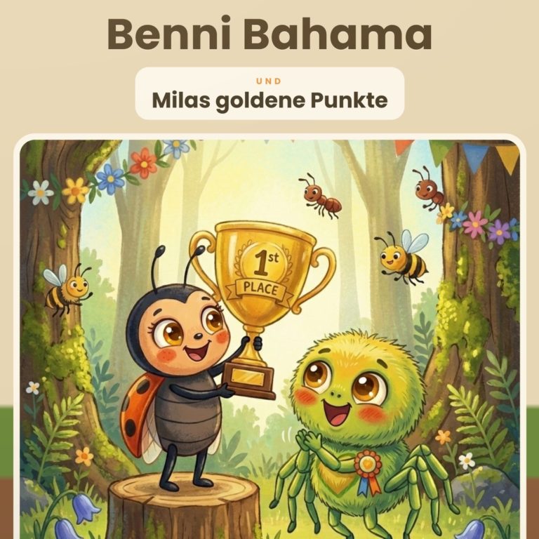 Cover von „Benni Bahama und Milas goldene Punkte", Bilderbuch für Kinder von 4 bis 8 Jahren