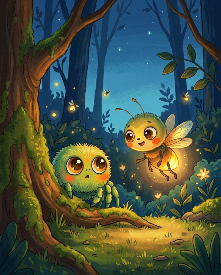 Benni Bahama begegnet Lumi Leuchtkäfer im Abendlicht – Illustration aus 'Benni Bahama und Lumi ohne
Leuchten'
