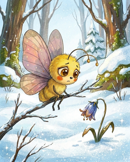 Frieda Falter trauert vor ihrer verwelkten Glockenblume – Illustration aus 'Benni Bahama
und Friedas Glockenblume