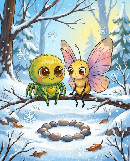 Benni sitzt still
neben Frieda auf einem Ast – Illustration aus 'Benni Bahama
und Friedas Glockenblume