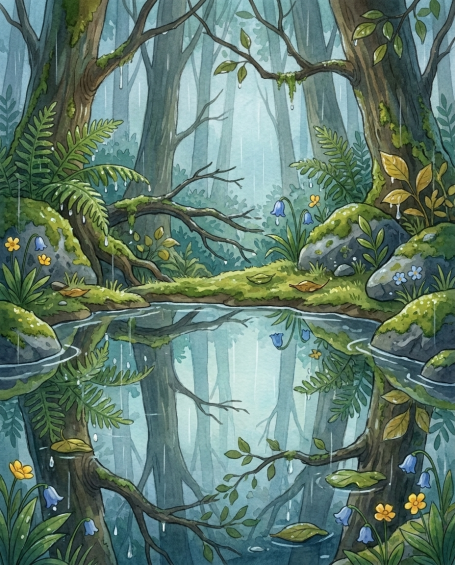 Benni Bahama beobachtet den glitzernden Regenwald – Illustration aus 'Benni Bahama und der Regentag'