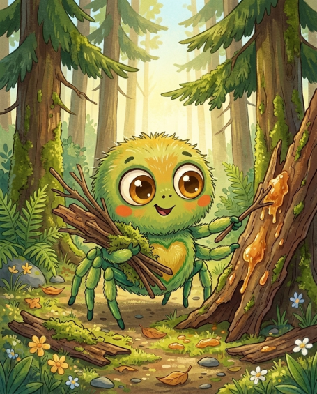 Benni Bahama baut eine große Rutschbahn im Wald – Illustration aus 'Benni Bahama und die zu schnellen Worte'