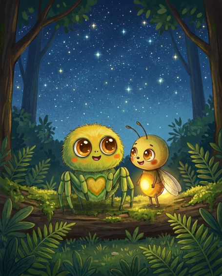 enni und Lumi sitzen gemeinsam unter dem
Sternenhimmel – Illustration aus 'Benni Bahama und Lumi ohne
Leuchten'
